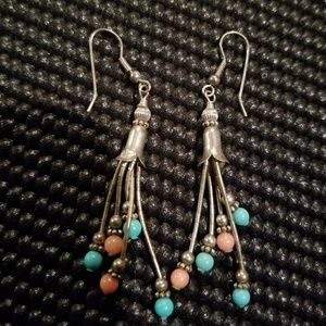 Silver dangle earrings w/ pink&turquoise beads
